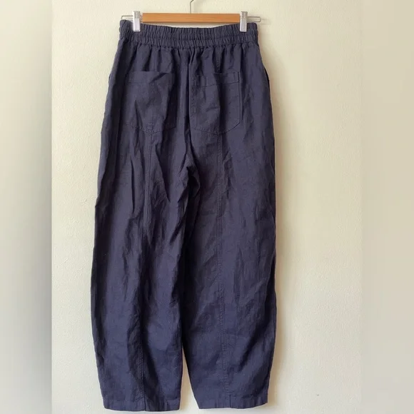 Zara Navy Blue linen blend elastic waist pants pockets relaxed balloon fit small