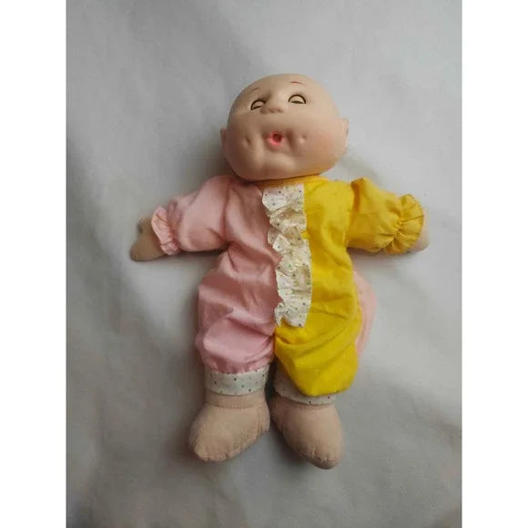 Vintage Soft Body Baby Doll Pink Yellow Clown Romper Vinyl Head Dimples