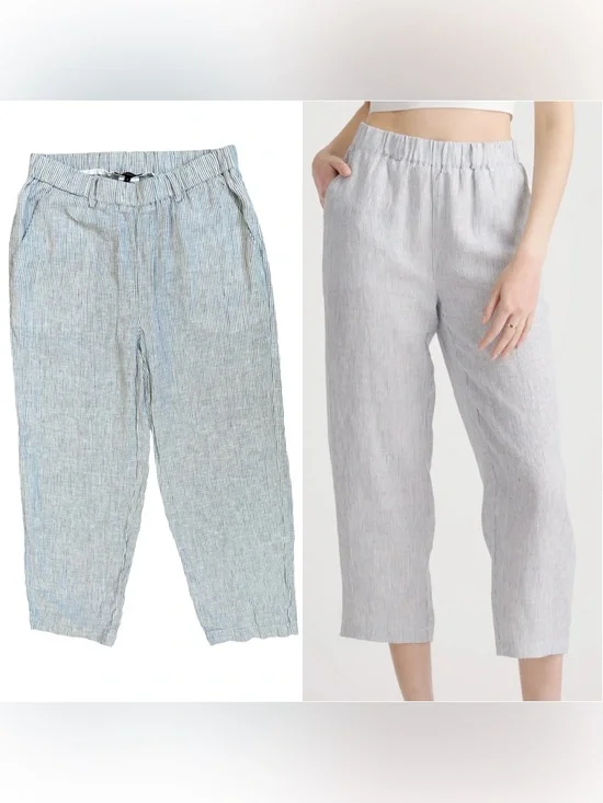 Quince 100% European Linen Pull On Blue White Pinstripe Print Crop Pants Small