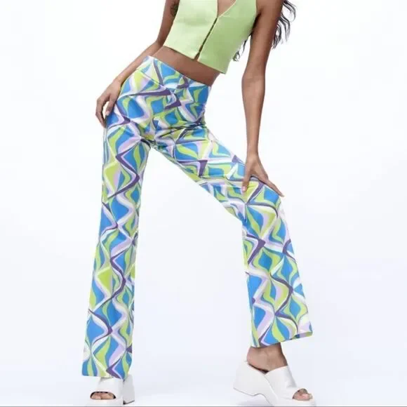 Zara linen blend printed flared pants NWT