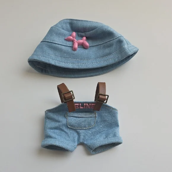 Blue Denim Hat and Shorts Set with Pink Detail Labubu Outfit