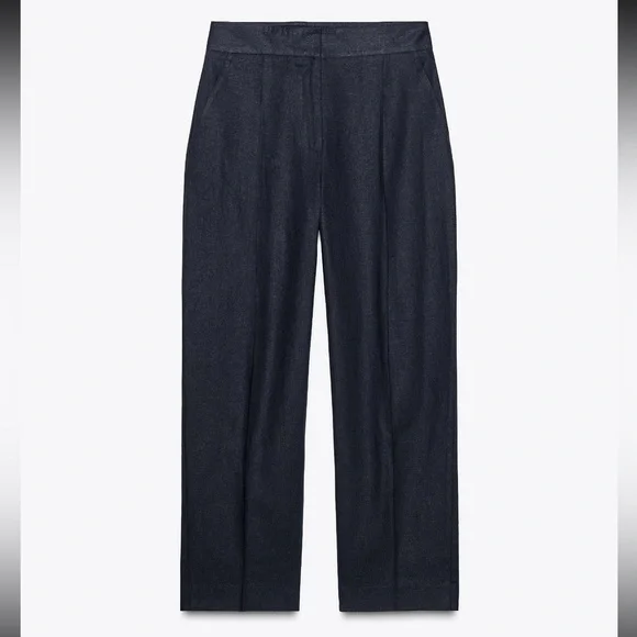 💙 ZARA Pleated Linen Straight-Leg Pants – Navy – Size S