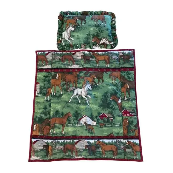 Vintage Doll Comforter & Pillow‎ Set Handmade Horses doll accessories