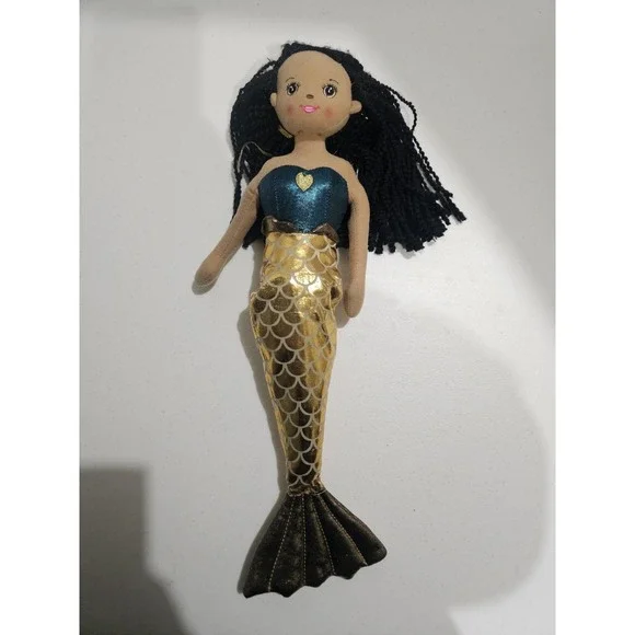 Ganz Mermaid Doll Cloth Fabric Gold Tail‎ Black Yarn Hair 18