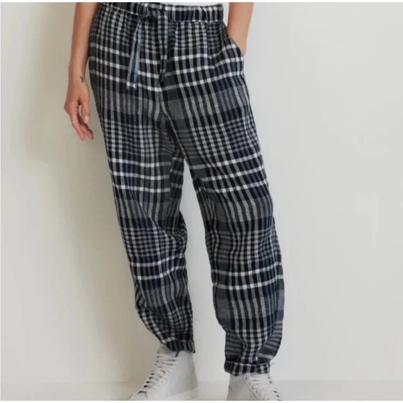 Everlane Plaid Linen Barrel Pant pull on checker navy white academia XXS new
