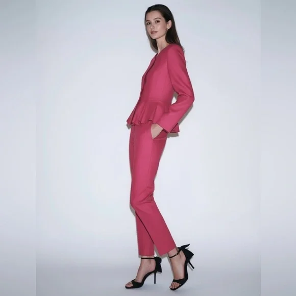 NWT Zara Linen Blend Slim Straight Pants in Fuchsia Pink Size S