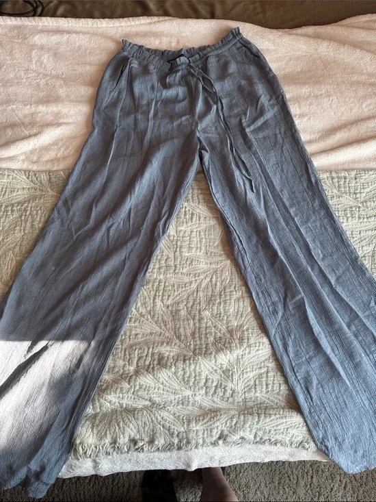 Zara Light Blue Wide-Leg Linen Pants