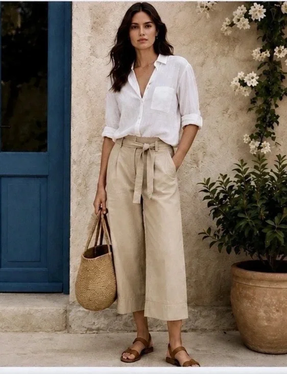 Banana Republic Blake Crop Pants Women’s Size 2 Beige Linen Blend Wide Leg