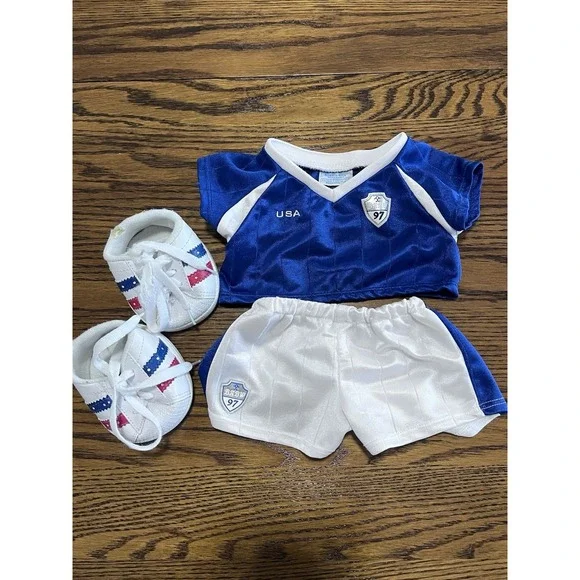 Build‎ A Bear USA Soccer Team Uniform  Sport Blue Shirt White Shorts Shoes