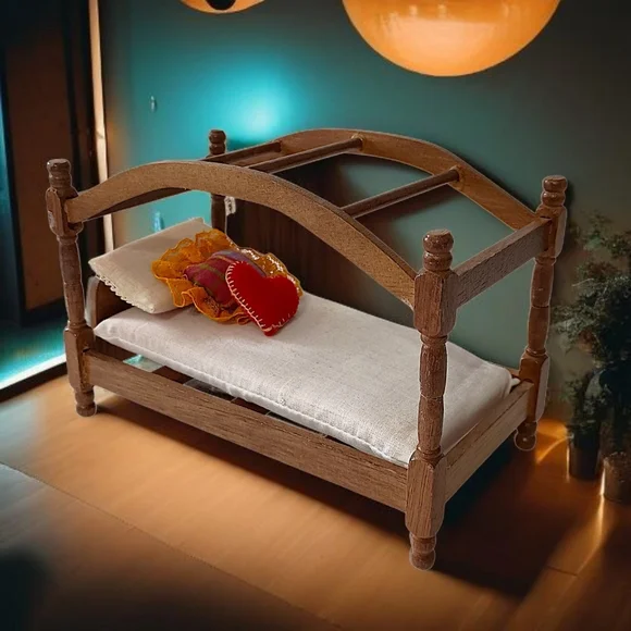 Vintage Dollhouse Canopy Bed Wood Miniature Furniture Pillows And Mattress‎