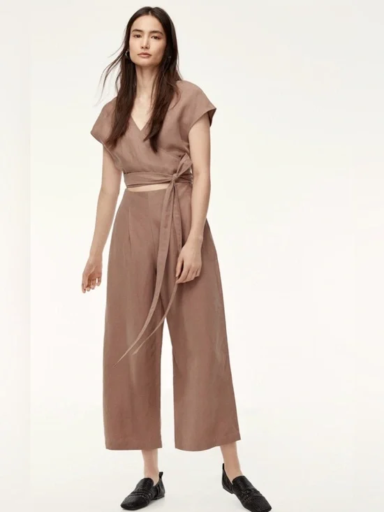 Aritzia Wilfred Brax Wide Leg Linen Blend Jumpsuit in Nutmeg , size 0/XS