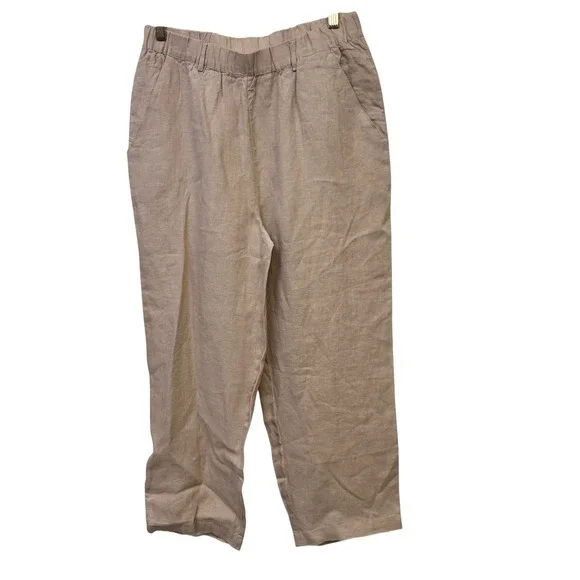 Quince Women Linen Pants Medium Beige High Rise Elastic Waist Straight Leg