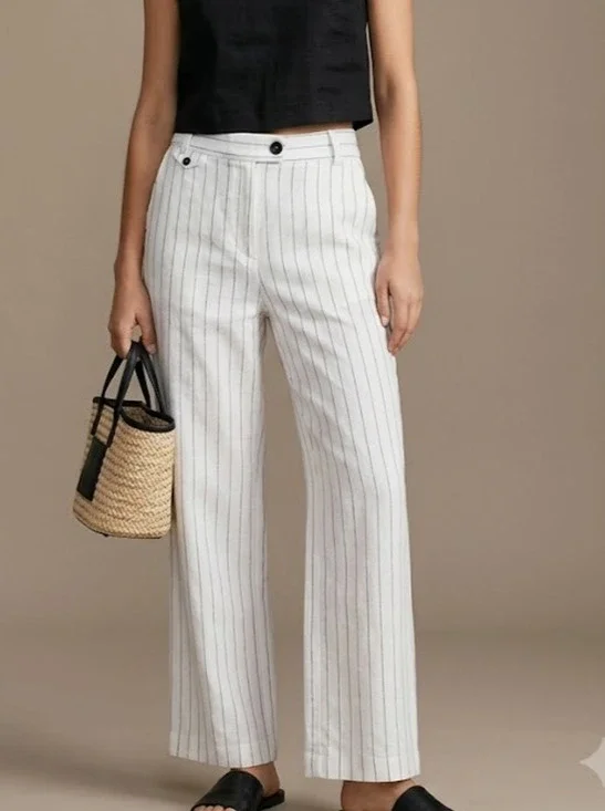 ZARA White Pinstripe Linen Blend Pants Women XL Wide Straight Leg Resort Beach