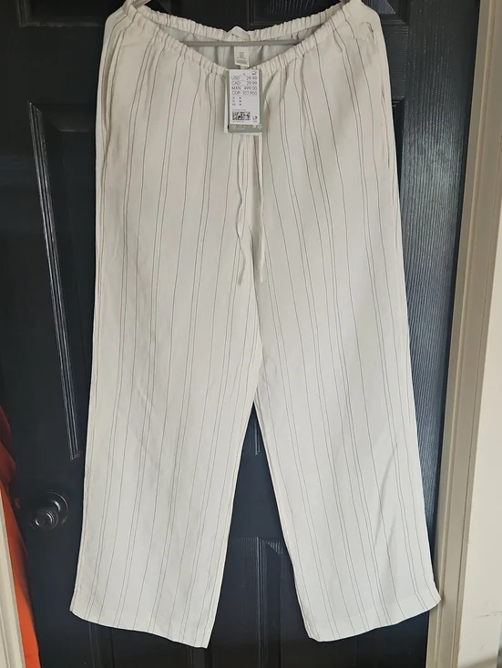 Women's White Pinstripe Linen Elastic Waist Pants