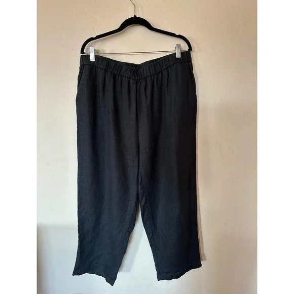 Quince Black 100% European Linen Wide Leg Cropped Pants XL Elastic Waist