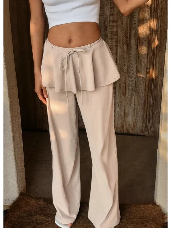 Zara NWT Wide-Leg Ruffle skirt overlay detail cream light Beige pants, stretchy