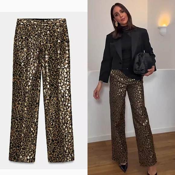 ZARA ANIMAL PRINT SEQUIN STRAIGHT LEG PANTS SIZE  S