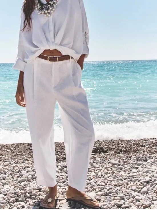 Zara NWT Linen blend straight leg white trousers 2753/128