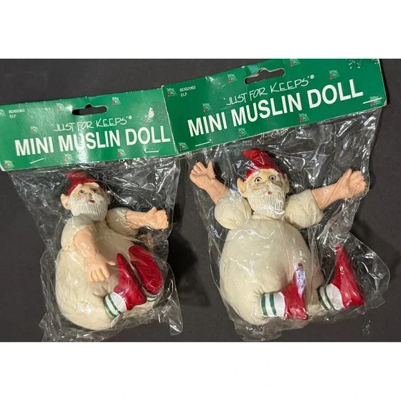Lot of 2 Vintage 'Just For Keeps' Mini Muslin Elf Crafting Christmas Elves Dolls