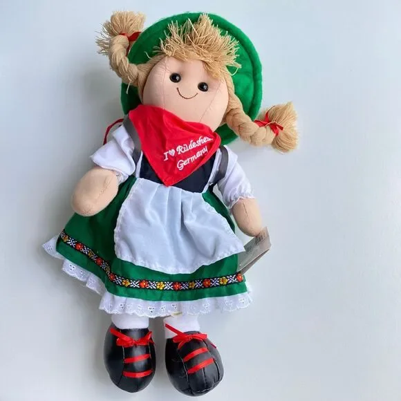 Germany Souvenir Doll Green Dress Pig Tails Plush ES Euro Toys I Love‎ Rudesheim