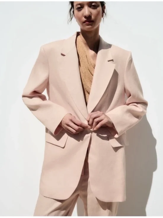 ZARA 2Piece Linen Wide Keg Pants and One Button Blazer Pant set, Medium