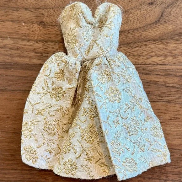 Vintage 60s 1960s Barbie Clone Dress‎ Cream Gold Lamé Strapless Mini Gown Snaps