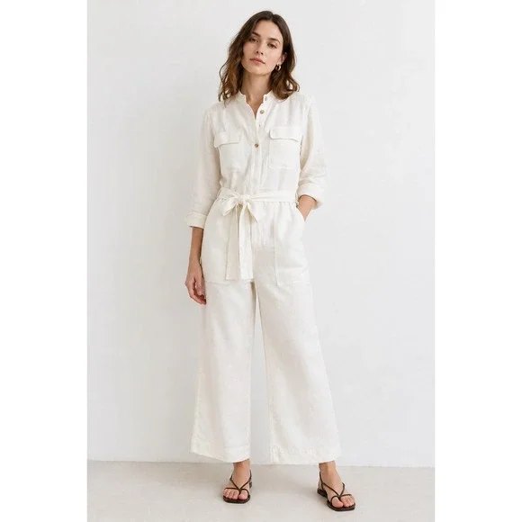 Banana Republic Utility Jumpsuit Womens S White Linen Blend Belted‎ Wide Leg