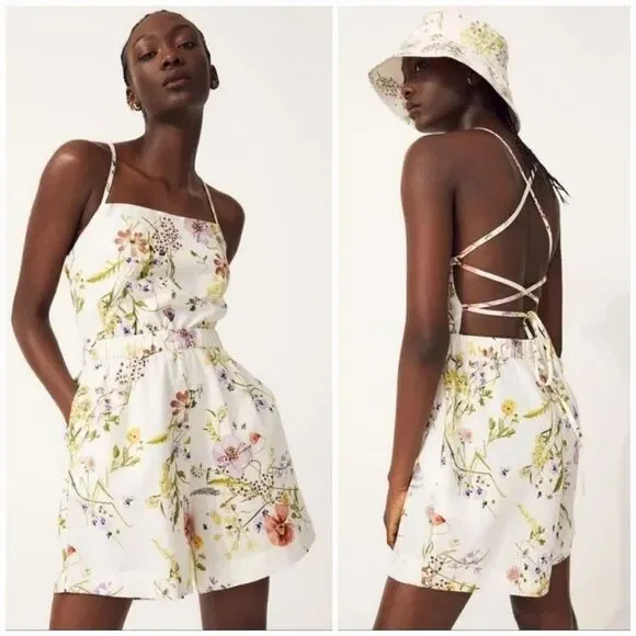 NWT H&M Linen Collection Wildflower Meadow Lace Back Square Neck Floral Romper S