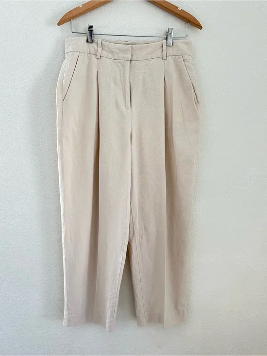 Zara High Rise Linen Blend Pleated Trousers Cream Beige Size M