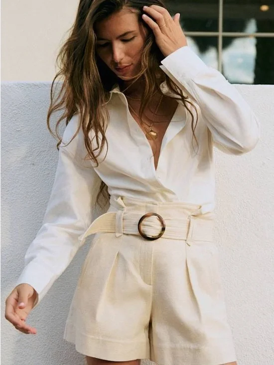 Sezane Cream High-Waist Pleated Shorts with Tortoiseshell Ring Belt
