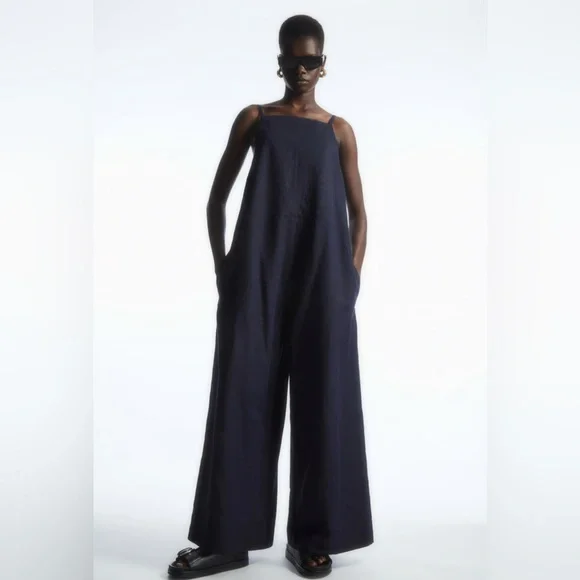 COS || Tie-Detail Linen Jumpsuit Wide Leg Shoulder Bows Navy Blue XS‎