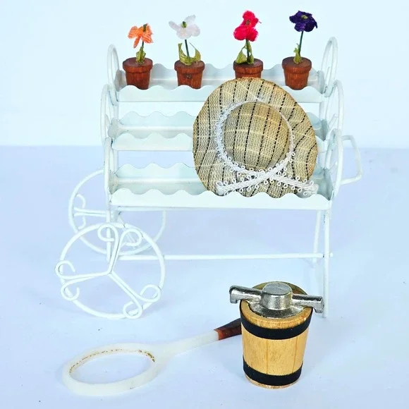Vtg Shabby Chic Dollhouse Miniature White Metal Flower Cart Garden Accessory Set