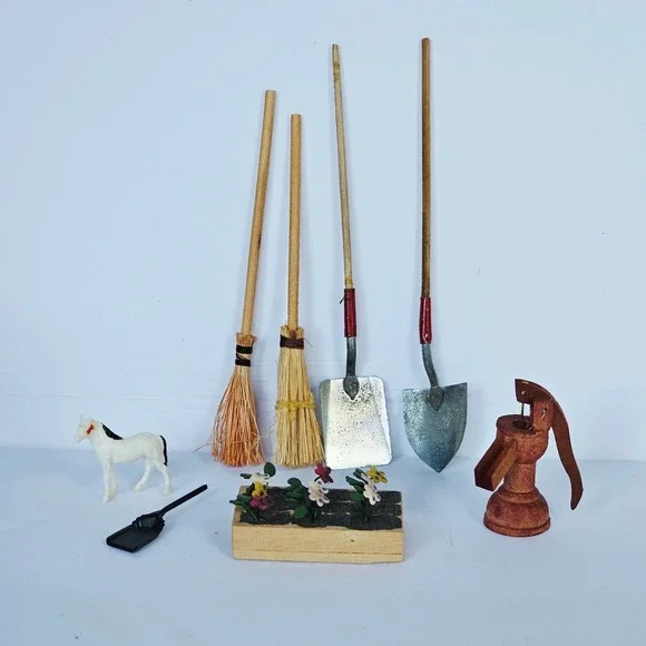 Vintage Farmhouse Dollhouse Miniature Garden Tools Horse Pump Accessories
