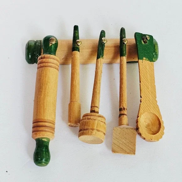 Vintage Miniature Kitchen Utensils Wood Green 6pc Set Dollhouse Farmhouse Decor