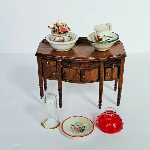Vtg Cottagcore Dollhouse Miniatures Porcelain Floral Basin Pitcher Cloche Set