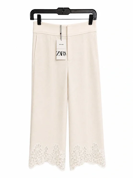 NWT ZARA Wide Leg Pants Lace Trim Cotton Linen Small LIMITED EDITION Ivory