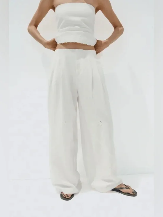 ZARA Cotton Linen White Wide Leg Eyelet Embroidered Trousers. White. NWT XS