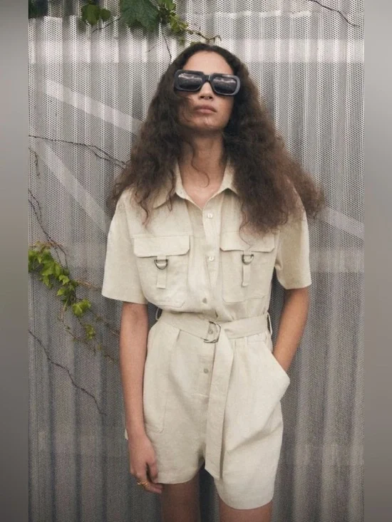 Zara linen blend Beige Utility Belted Romper S