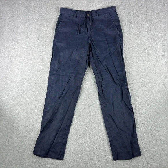 Zara Linen Blend Pants Womens Medium Navy Drawstring Straight Leg Summer