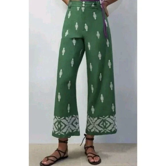Zara Embroidered Trousers Size M High Waist Green Cropped Wide Leg