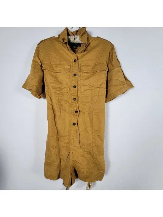 Banana Republic Womens Short Sleeve Linen Belted Romper Medium Mustard Button Up