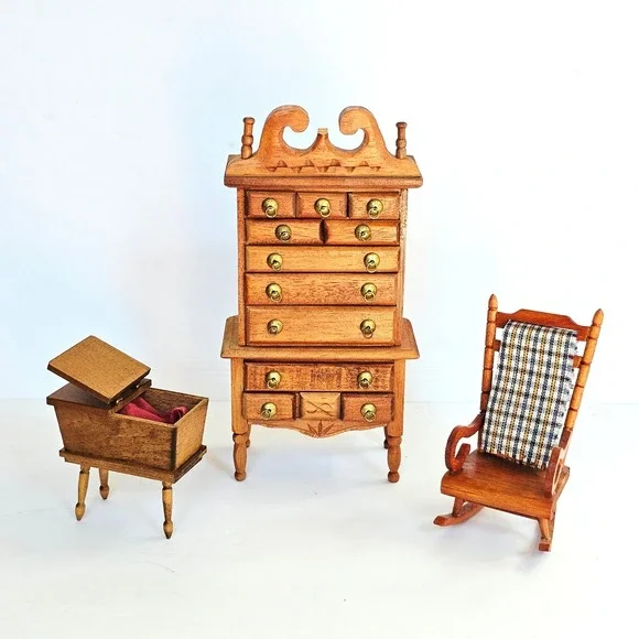 Vtg Wood Dollhouse Furniture Set Highboy Dresser Rocker Basinet Miniature Decor