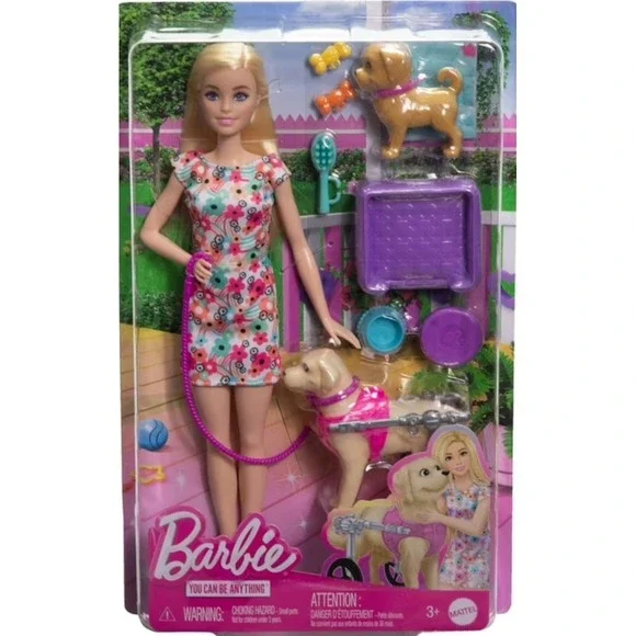 Barbie Doll with Dogs Playset - Wheelchair Puppy & Accessories - BN