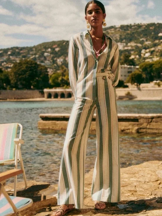 New Sezane Clayton Striped Sailor Trousers Highwaisted Pants Wide Leg 10 NWT