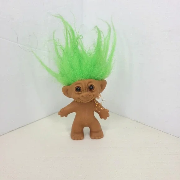 Vtg Uneeda Wishnik Good Luck Troll Green Hair Horseshoe Feet Toy Doll Figure 3in