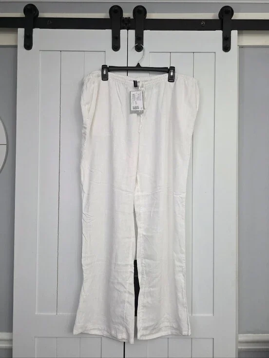 H&M White Linen-Blend Wide Leg Drawstring Pants. NEW!
