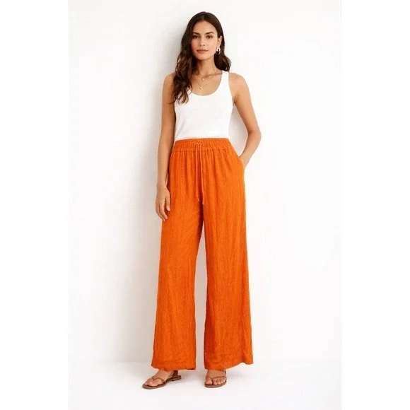 COS Wide Leg Pants Orange Textured Elastic Waist Drawstring Size US 10