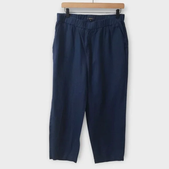 Quince European Linen Pants Deep Navy Blue Cropped Elastic Waist Medium