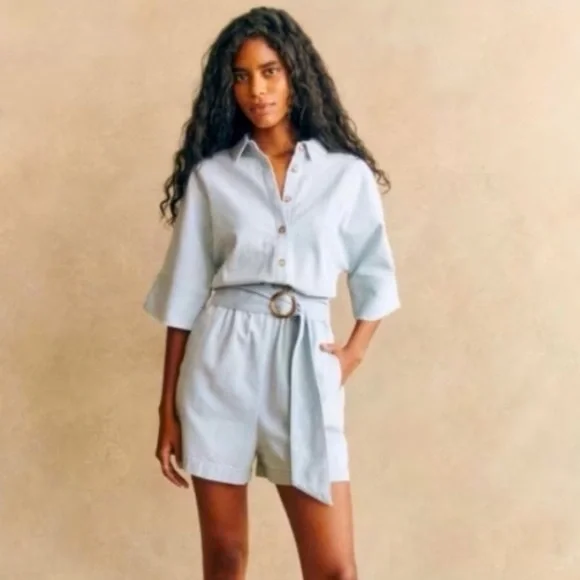 Sezane Light Blue Linen Belted Romper