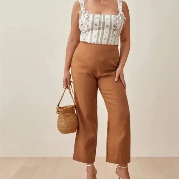 Reformation Justin Linen High Rise Trouser Pants in Barley Brown- Women's Size 8